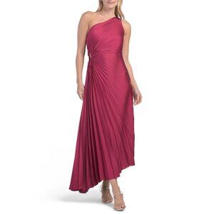 NICOLE MILLER Sangria Satin One Shoulder Midi Dres